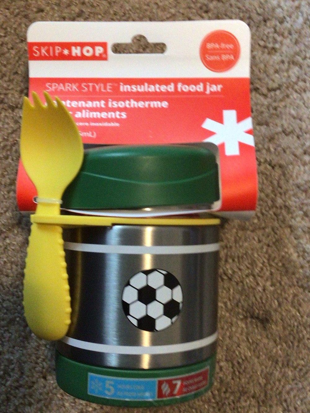 Skip Hop Spark Style Green and Yellow Insulated Food Jar with Soccer Graphic